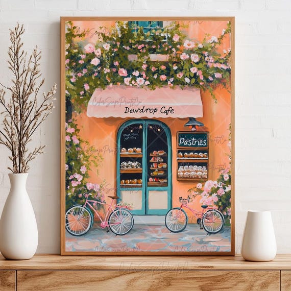 Fall Cafe Print Coffee Shop Illustration Whimsical Pastry Italian Bakery Autumn Pink Kitchen Wall Decor