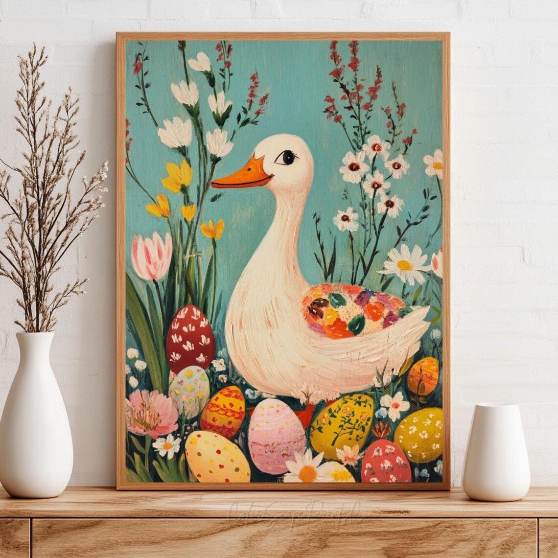 Easter Duck Illustration Colorful Art Eggs Print Whimsical Spring Nursery