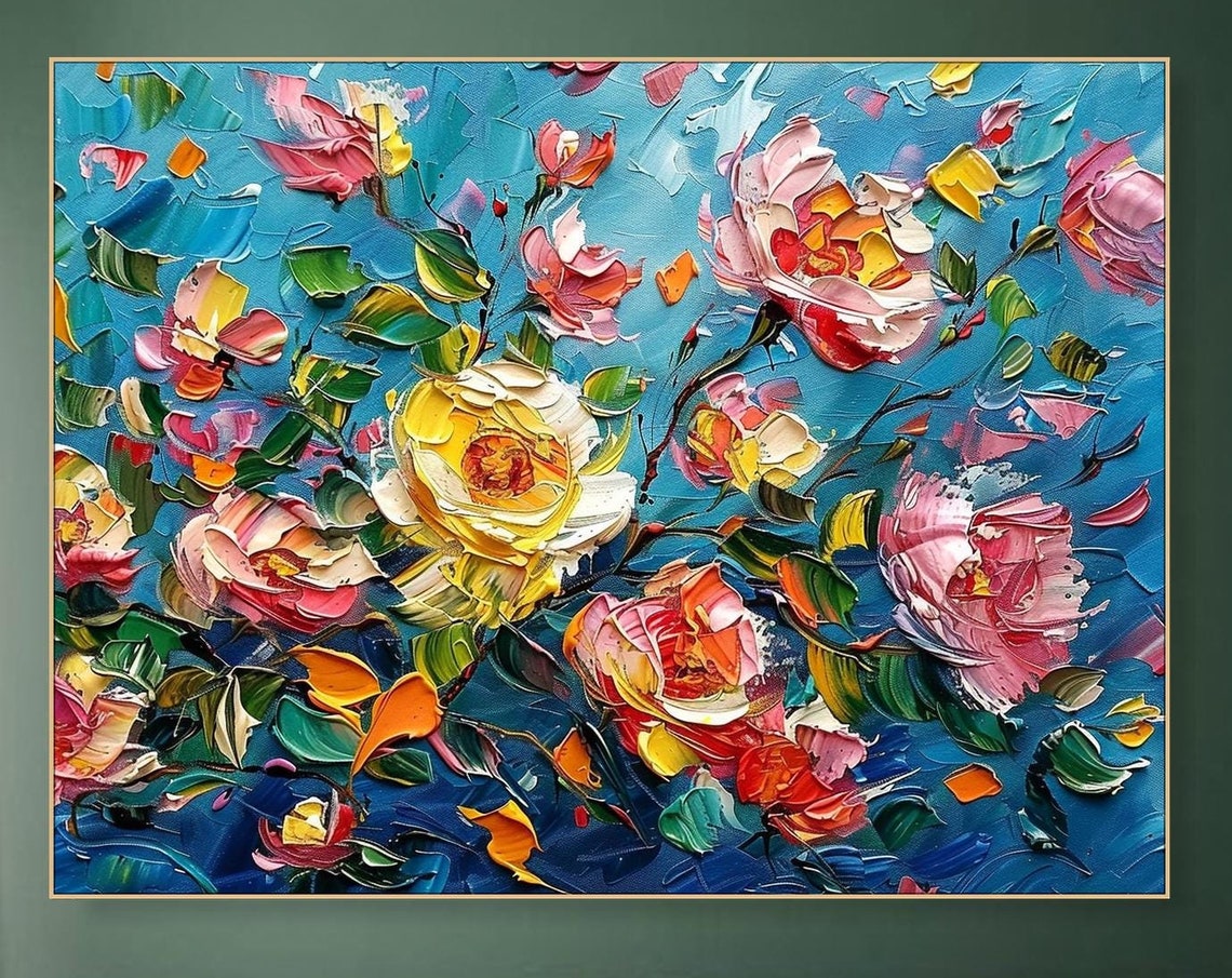 Colorful Impasto Roses In Pink Yellow On Turquoise Blue Poster