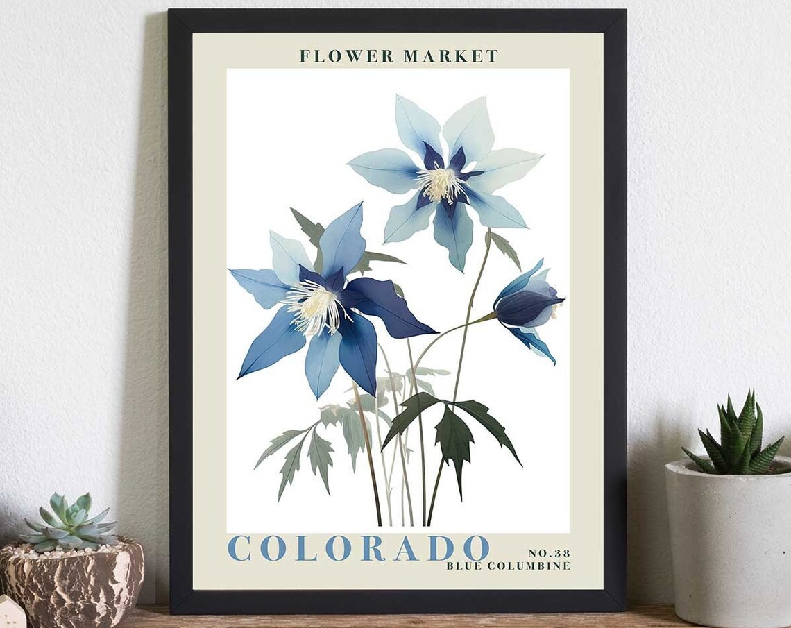 Colorado Blue Columbine Pair Watercolor Botanical Flower Market Poster