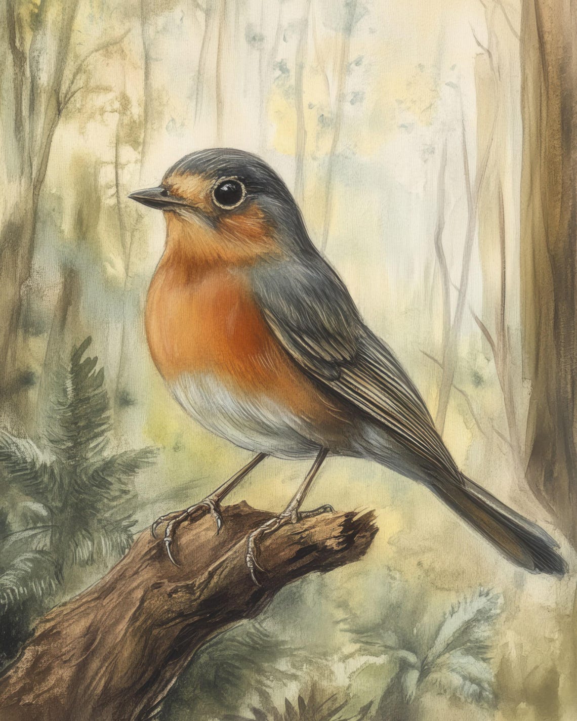European Robin In Misty Forest Setting Watercolor Bird Poster - Image 3