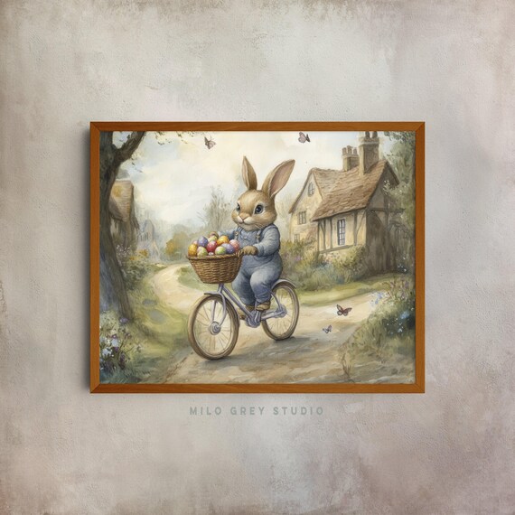 Bunny In Overalls Riding Bicycle With Easter Egg Basket Poster