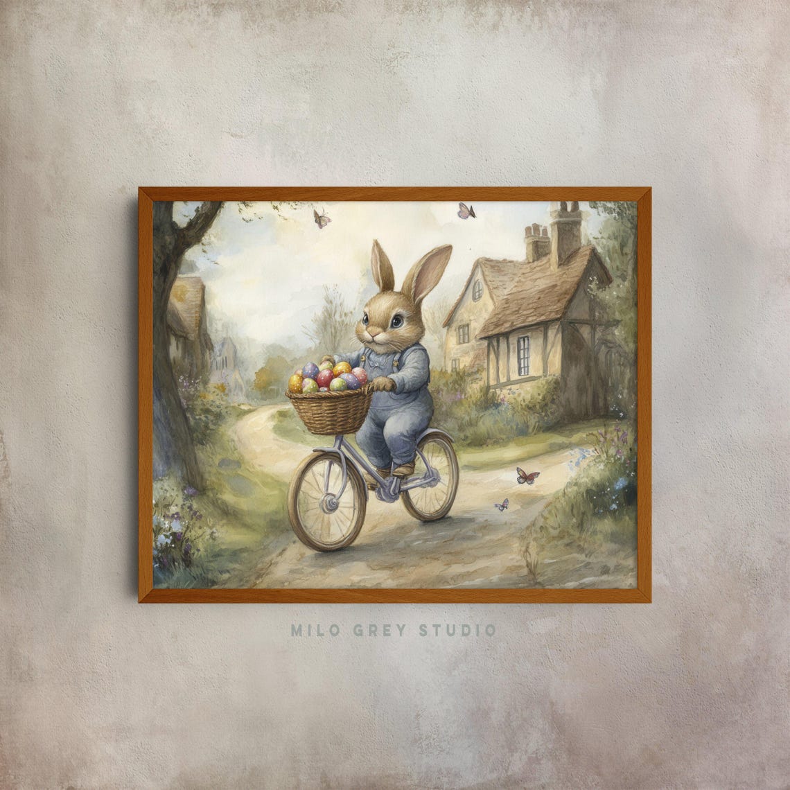 Bunny In Overalls Riding Bicycle With Easter Egg Basket Poster