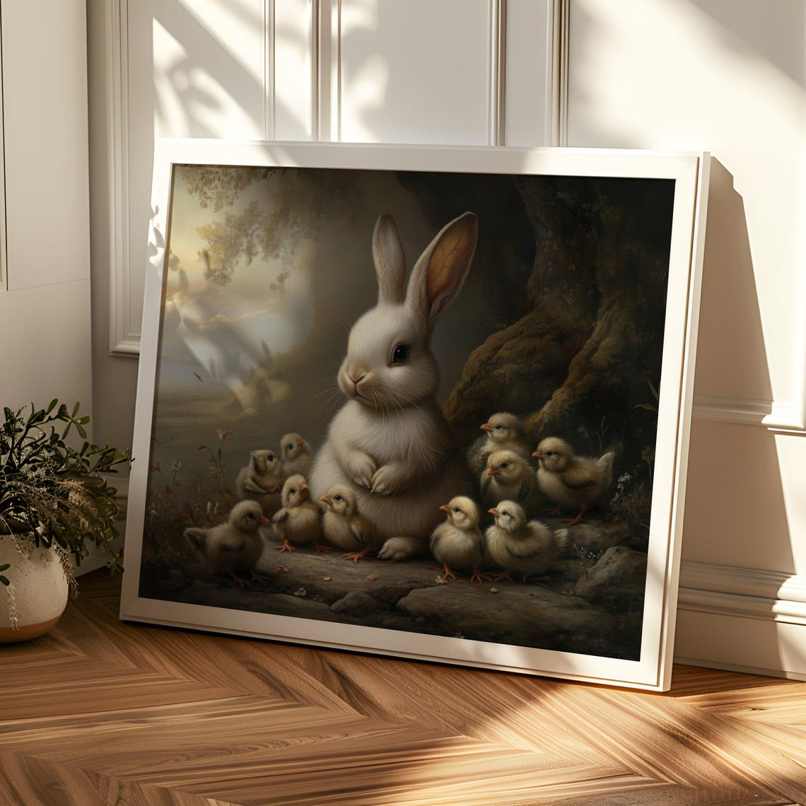 White Bunny With Baby Chicks Under A Tree Vintage Art Poster - Image 2