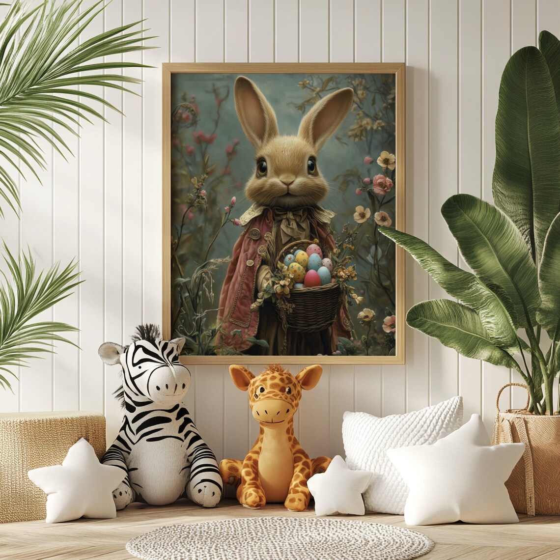Sweet Bunny In Cloak Holding Basket Of Colorful Easter Eggs Poster - Image 2