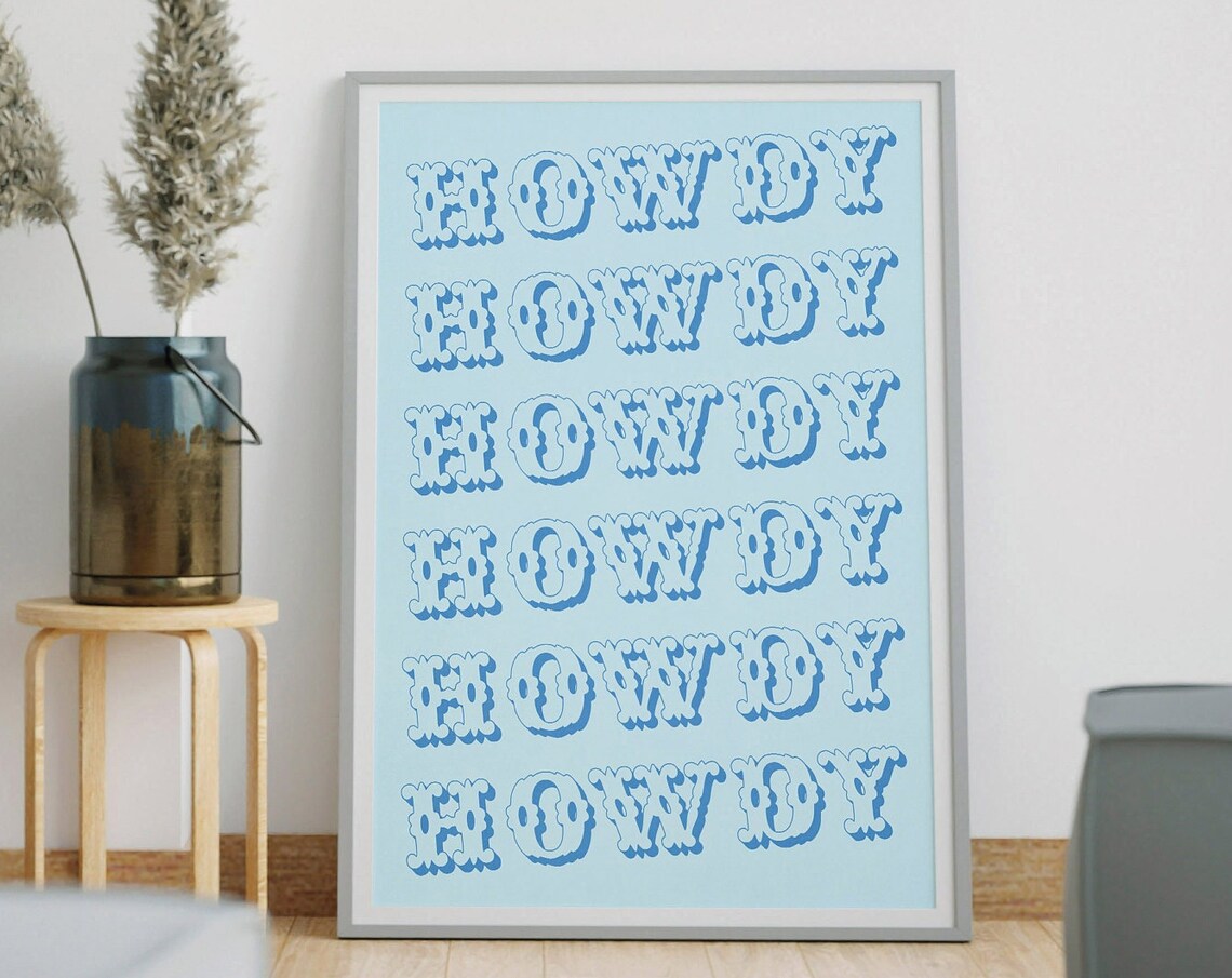 Howdy Western Lettering Light Blue Coastal Cowgirl Typography Wall Art