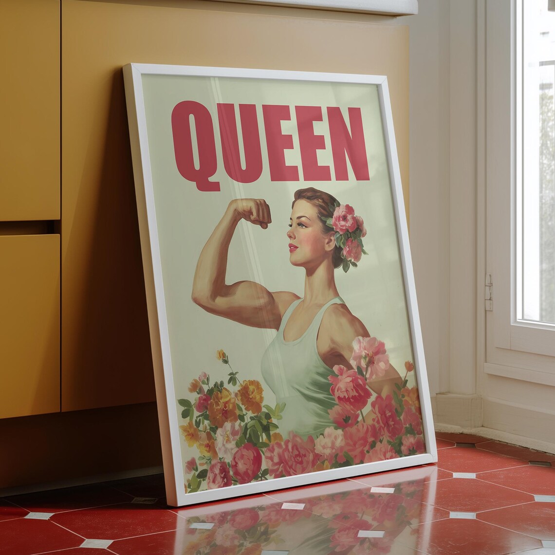 QUEEN Strong Woman Vintage Floral Retro Fitness Empowerment Poster