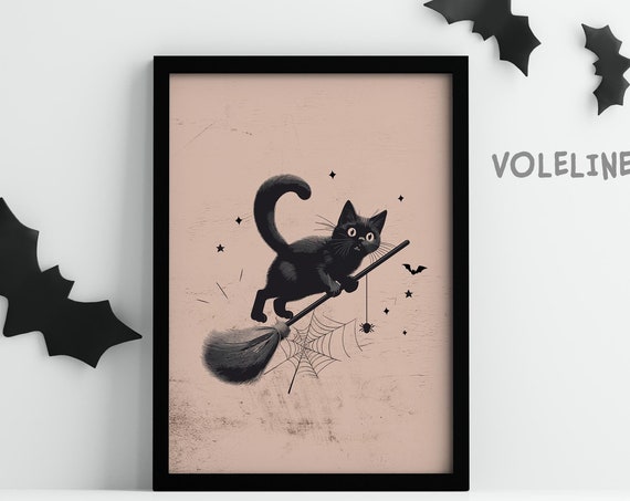 Scared Black Cat on Broom, Funny Halloween Art Print