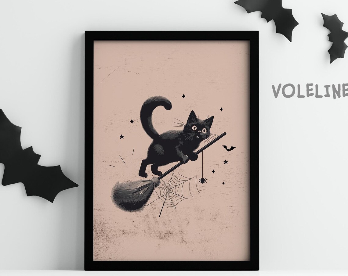 Scared Black Cat on Broom, Funny Halloween Art Print