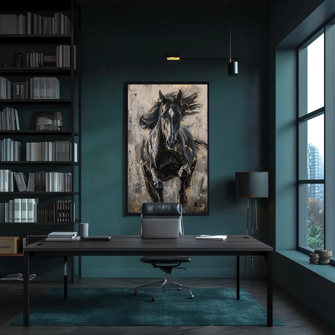 Black Galloping Horse Gold Splatter Dramatic Animal Wall Art - Image 2