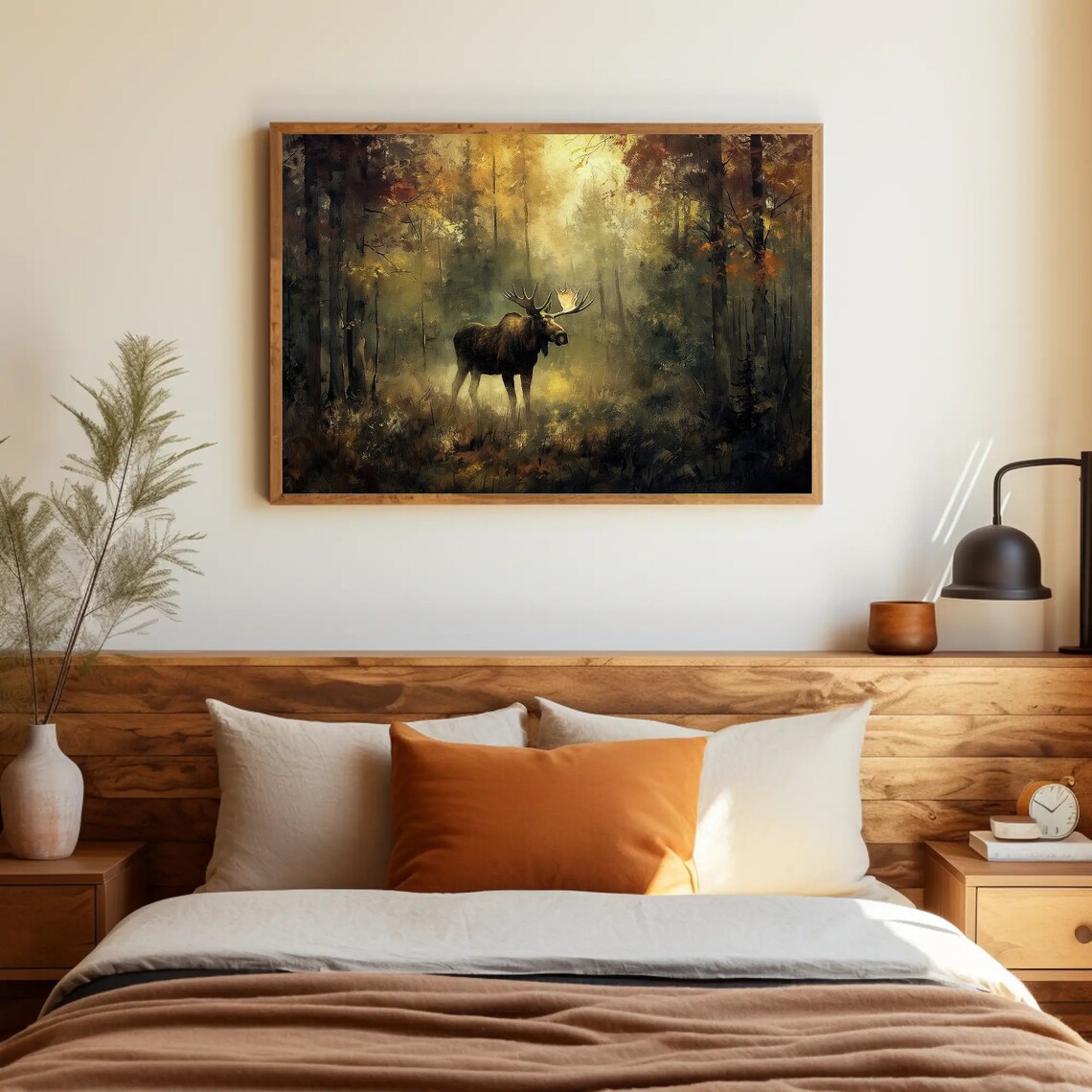 Bull Moose with Antlers in Golden Misty Forest Wildlife Nature Poster - Image 3
