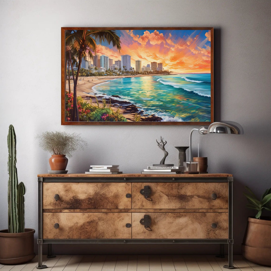 Honolulu Rocky Shore Sunset With Palm Trees and Flowers Poster - Image 4