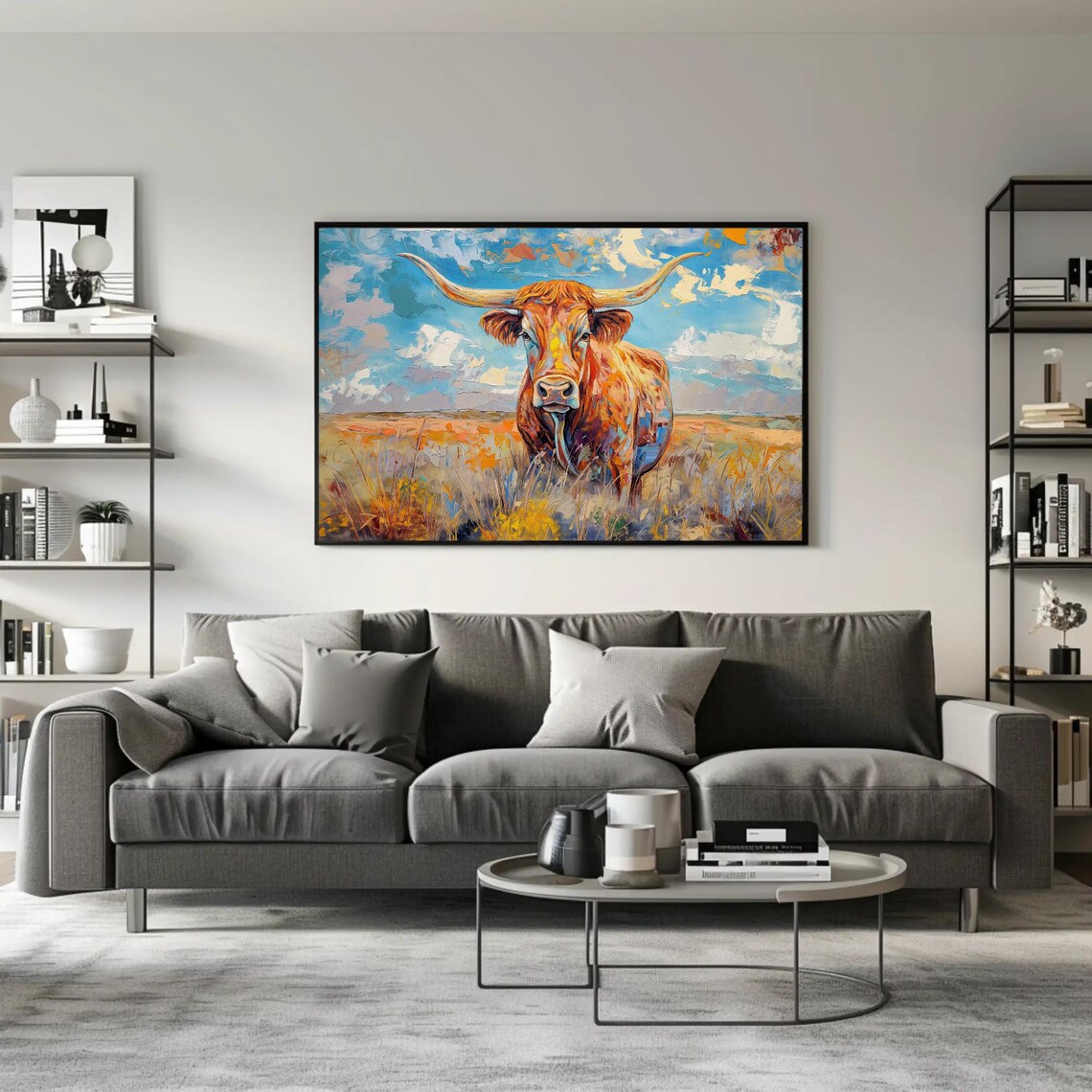 Texas Longhorn In A Field, Rustic Western Wall Art Print - Image 5