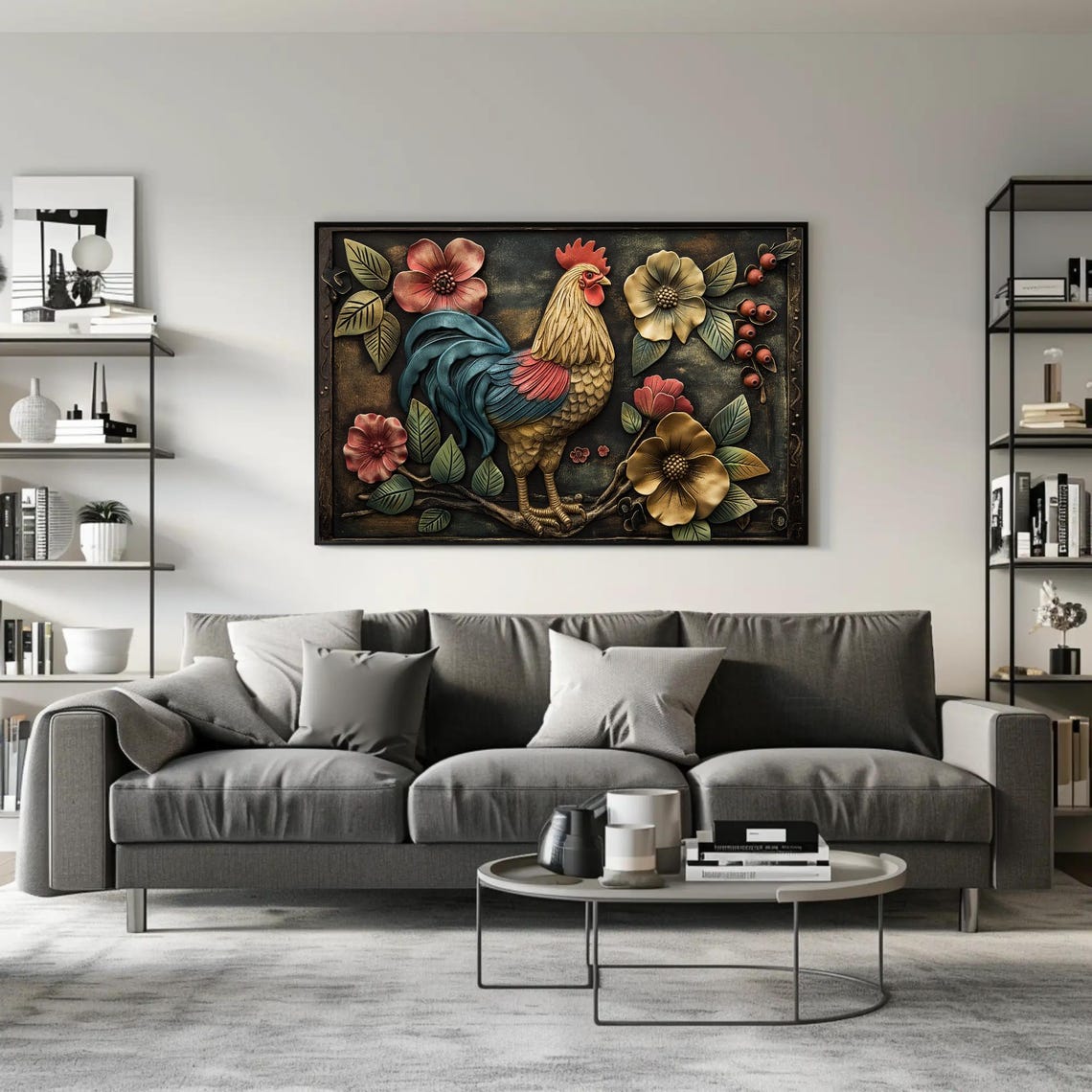 Metallic Rooster With Flowers Embossed 3D Relief Artwork Poster - Image 3