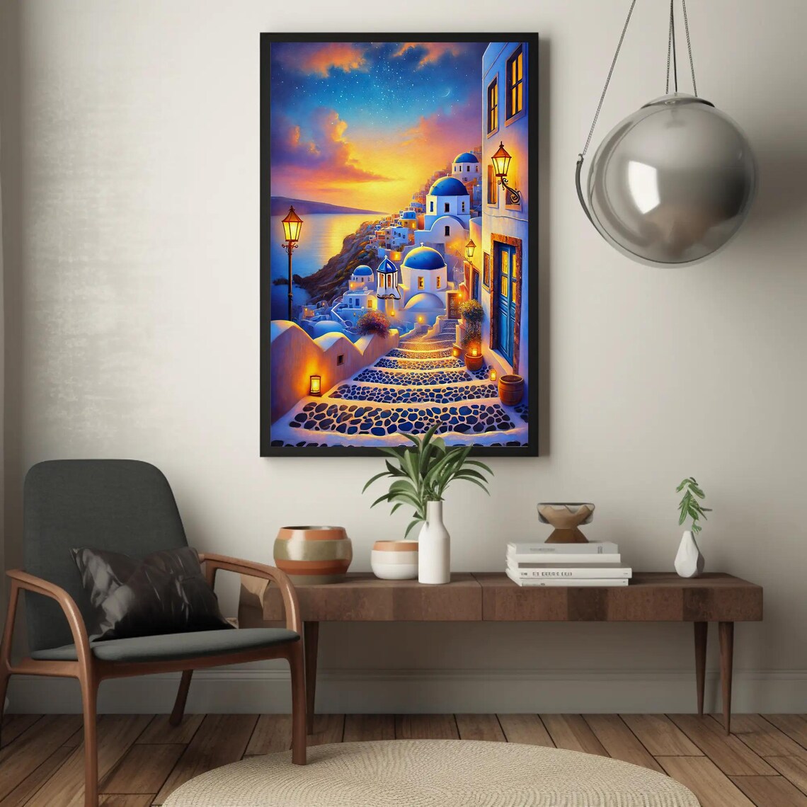 Santorini Evening Starry Sky Painting, Greek Coastal Art Print - Image 5