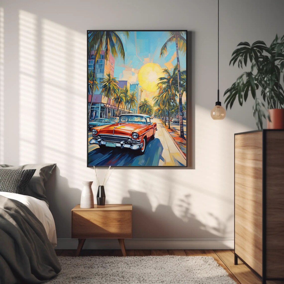 Modern Miami Street Oil Painting Miami City Vertical Framed Print Florida Home Decor Miami Travel Art Living Room Decor - Image 5