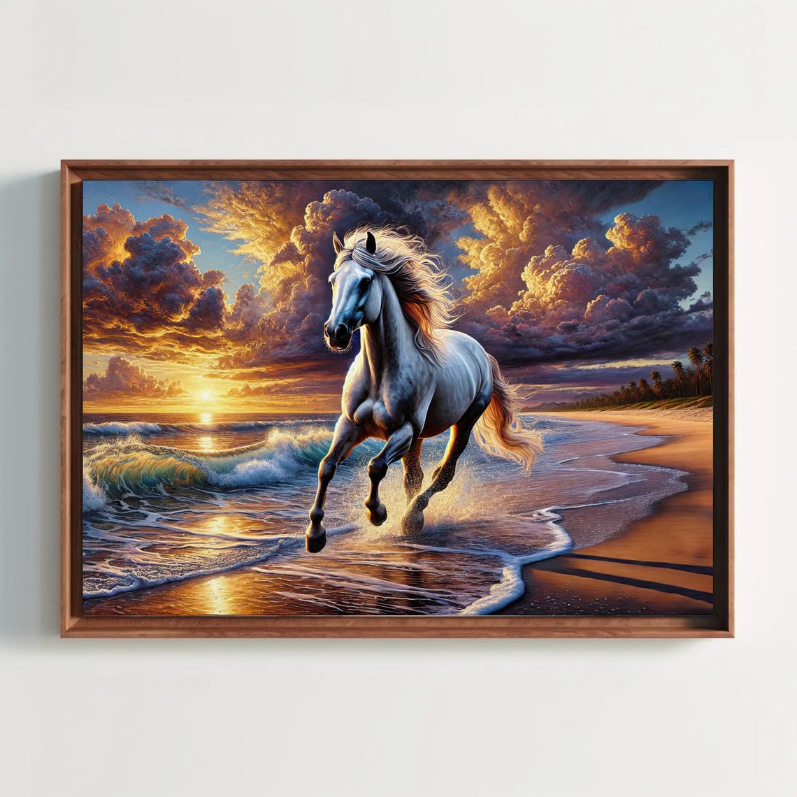 White Horse Galloping Through Beach Surf at Sunset Ocean Art Poster