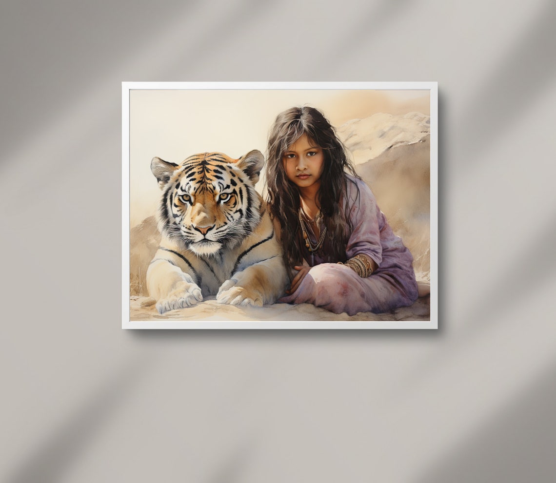Girl With A Tiger Watercolour Painting Indian Girl Painting Tiger Print Indian Art Indian Watercolor Print Tiger Wall Art - Image 2