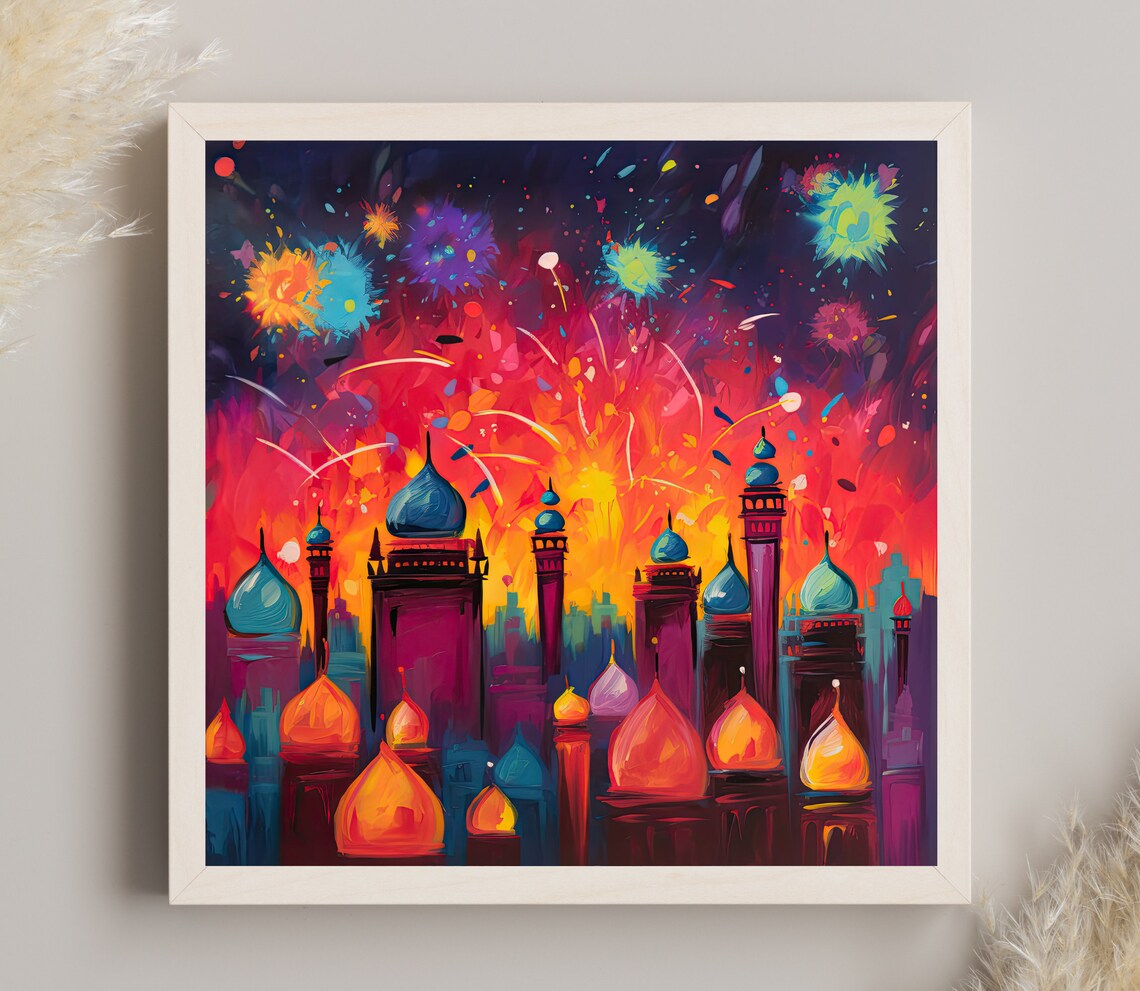 Diwali Fireworks Over Indian City Abstract Festival Decor Print