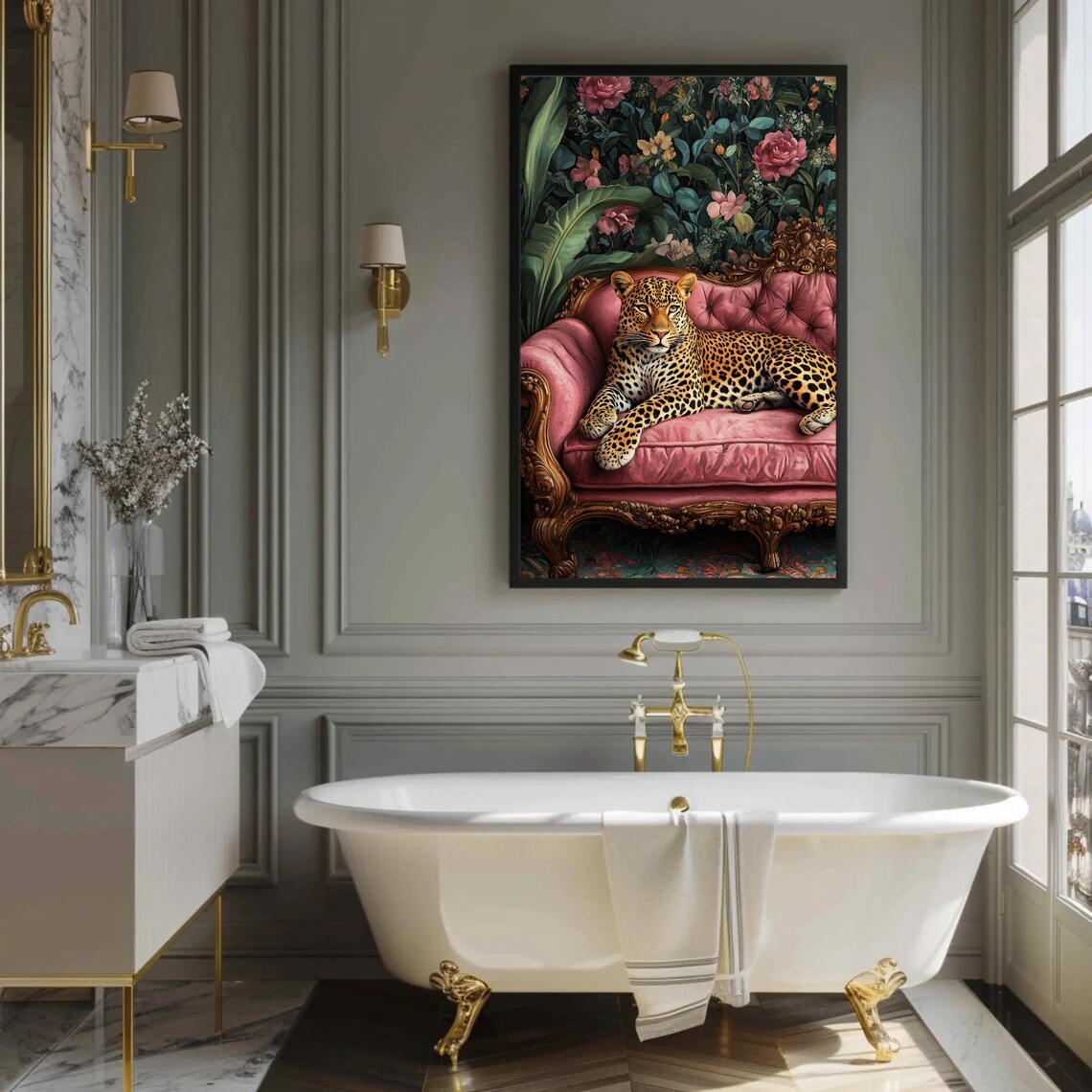 Leopard Lounging On A Pink Velvet Sofa Glam Wildlife Art Poster - Image 3