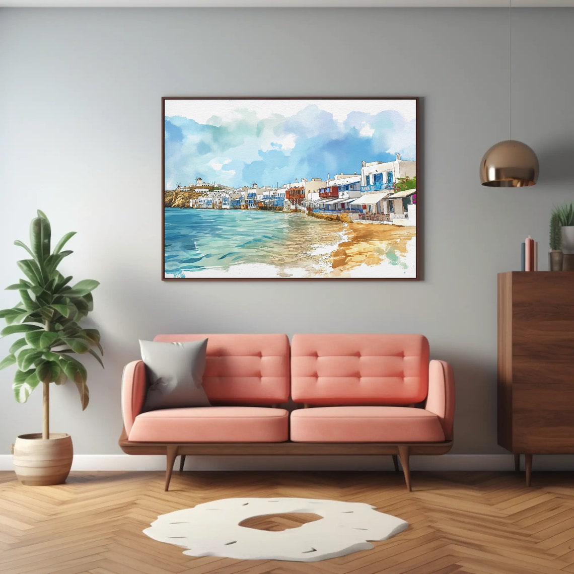Mykonos Waterfront Whitewashed Houses Blue Watercolor Poster - Image 3