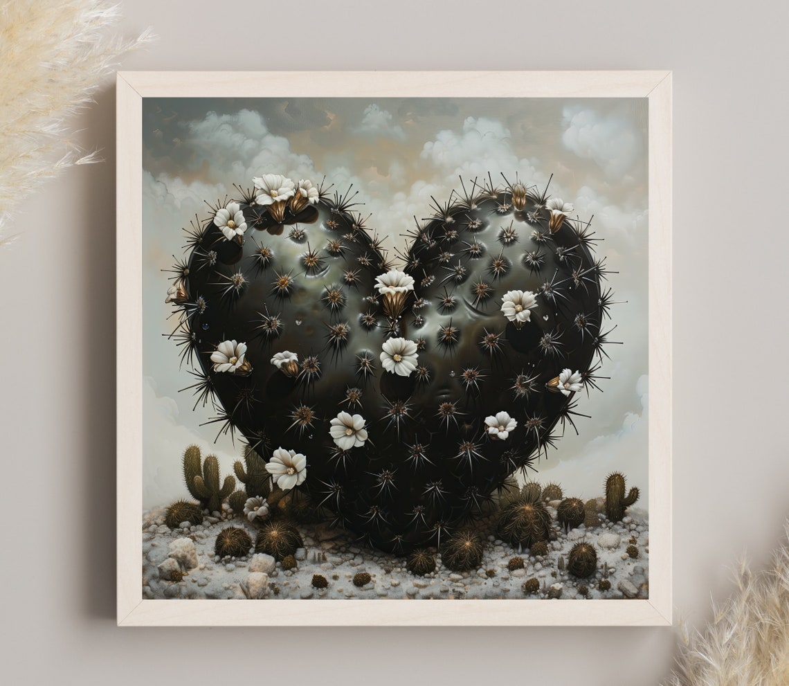 Black Heart-Shaped Cactus with White Flowers Desert Art Poster