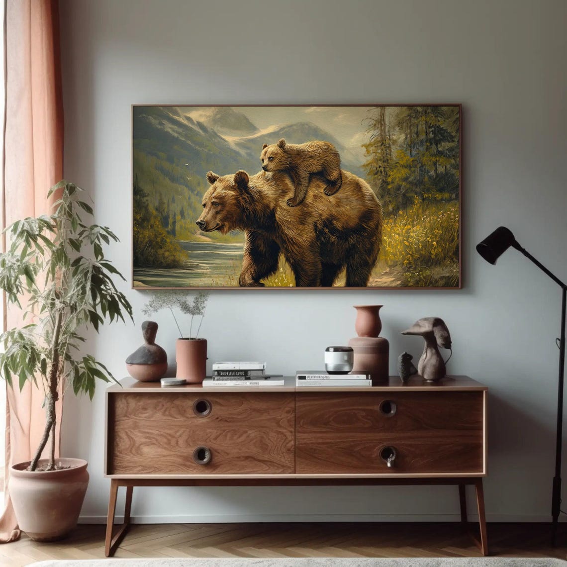 Mama Bear Cub Riding Piggyback River Wildlife Painting Poster - Image 4