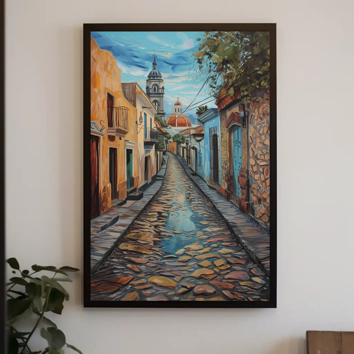 Old Mexican Cobblestone Street Church Watercolor Travel Poster