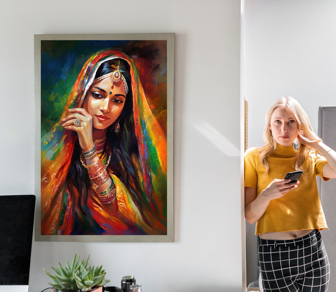 Indian Woman Wall Art Traditional Indian Painting Indian Wall Art Beautiful Indian Woman Home Decor Painting - Image 3
