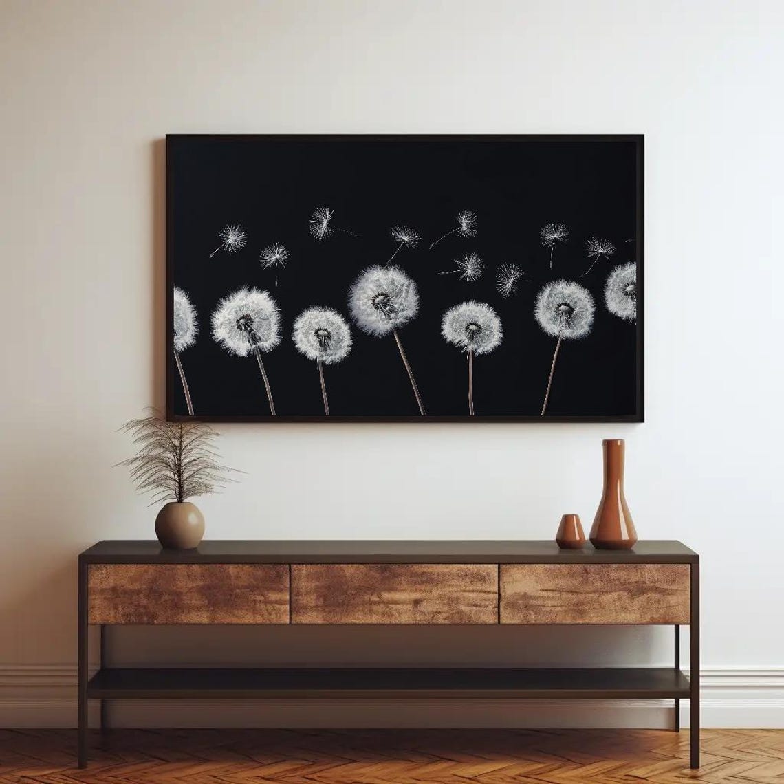 White Dandelions Black Background Panoramic Botanical Poster - Image 4