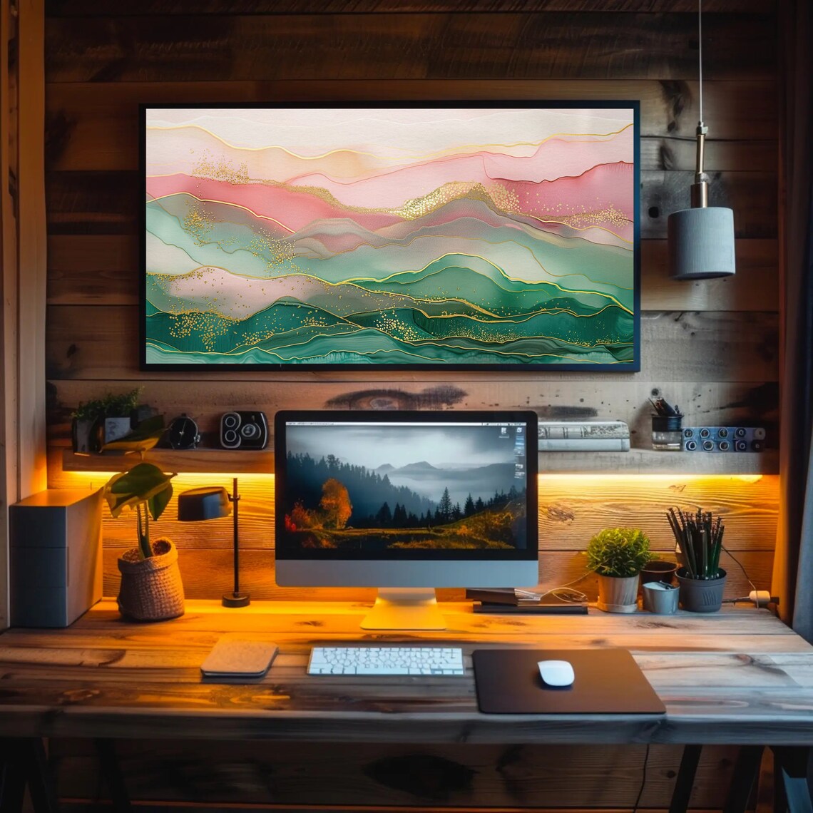 Pink and Green Abstract Mountain Landscape Art Print - Image 2