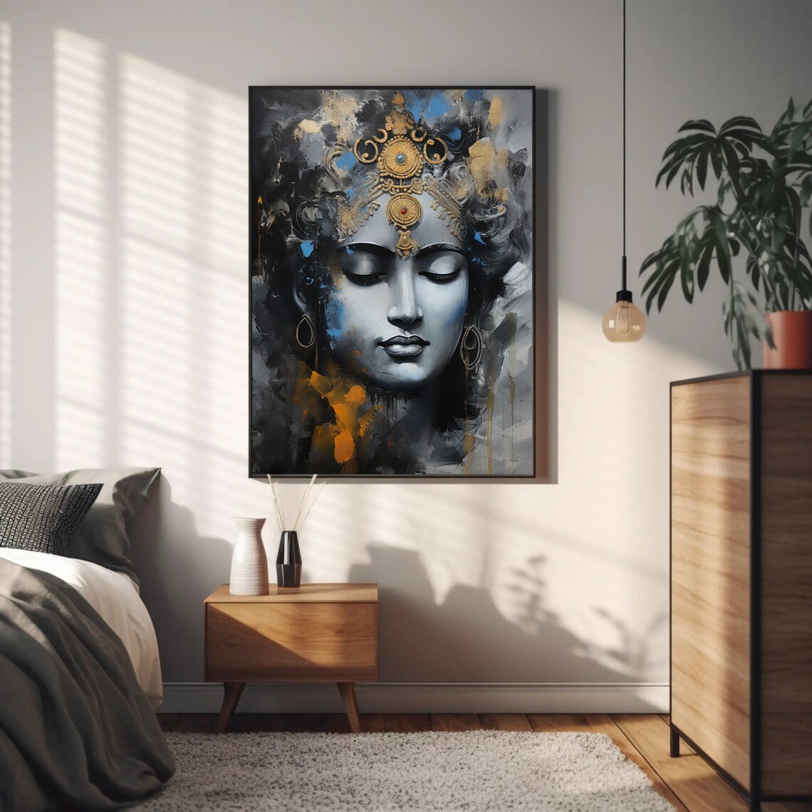 Lord Krishna Portrait Golden Crown Blue Grey Abstract Poster - Image 3