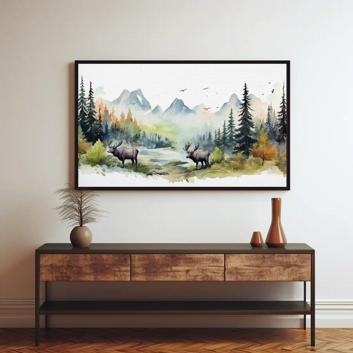 Two Moose in a Misty Mountain Forest Watercolour Landscape Poster - Image 3