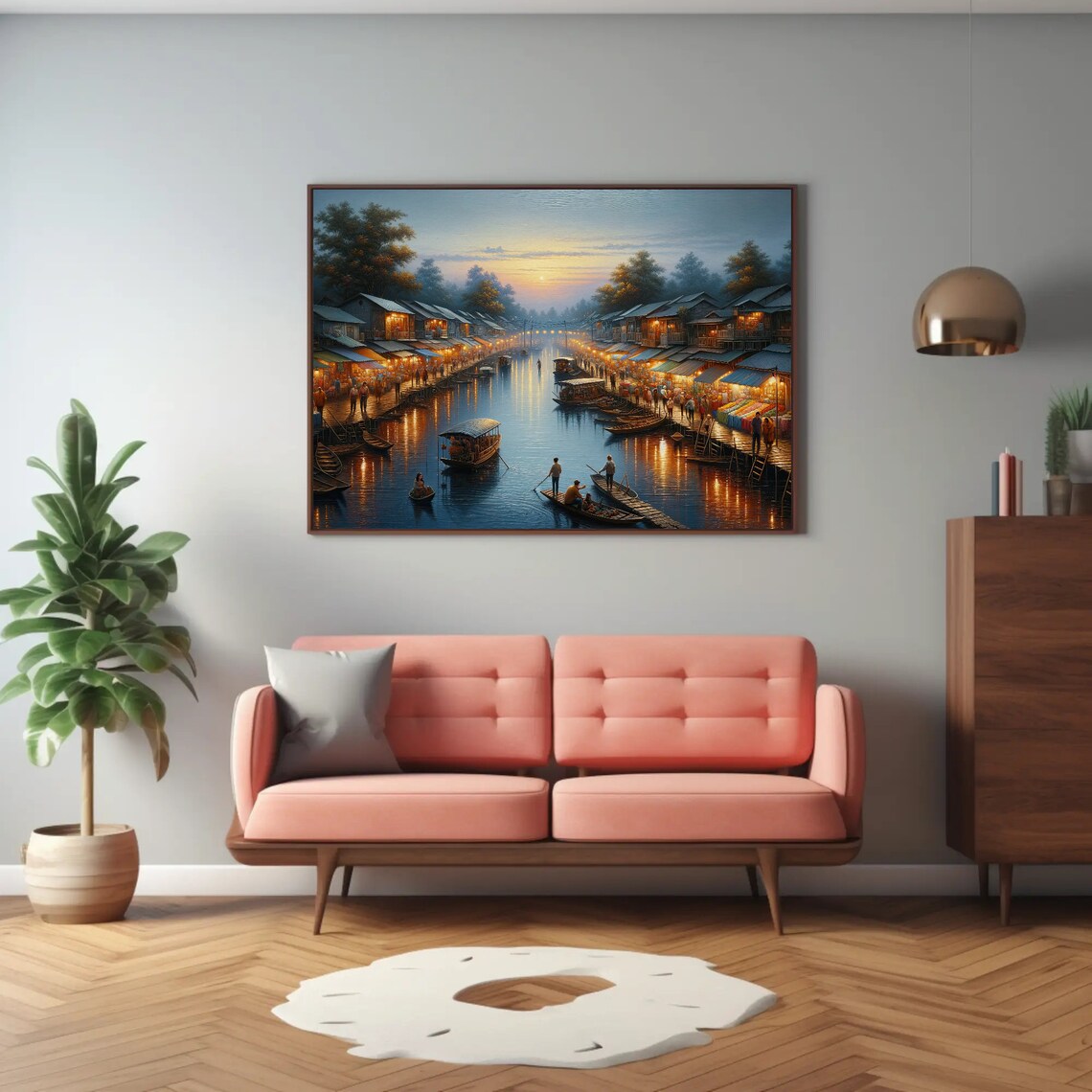Floating Market at Dusk on River Night Lights Painting Poster - Image 3