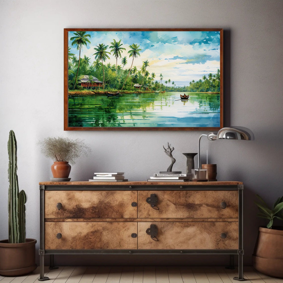 Tropical Backwater River Palm Trees Boats Scenic View Poster - Image 3