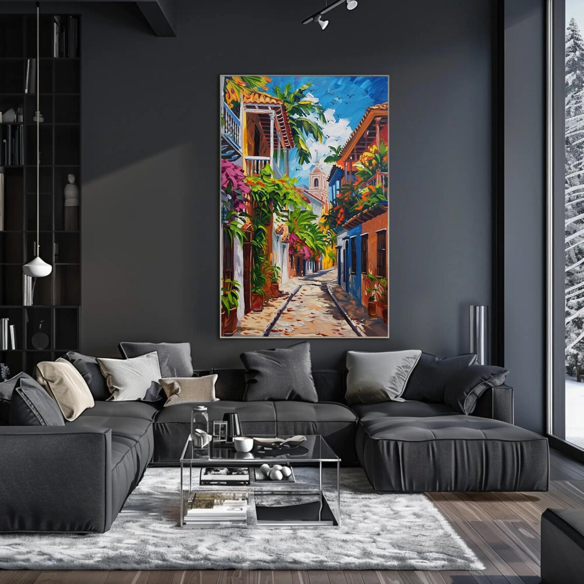 Cartagena Street Oil Painting Print, Rustic Decor - Image 2