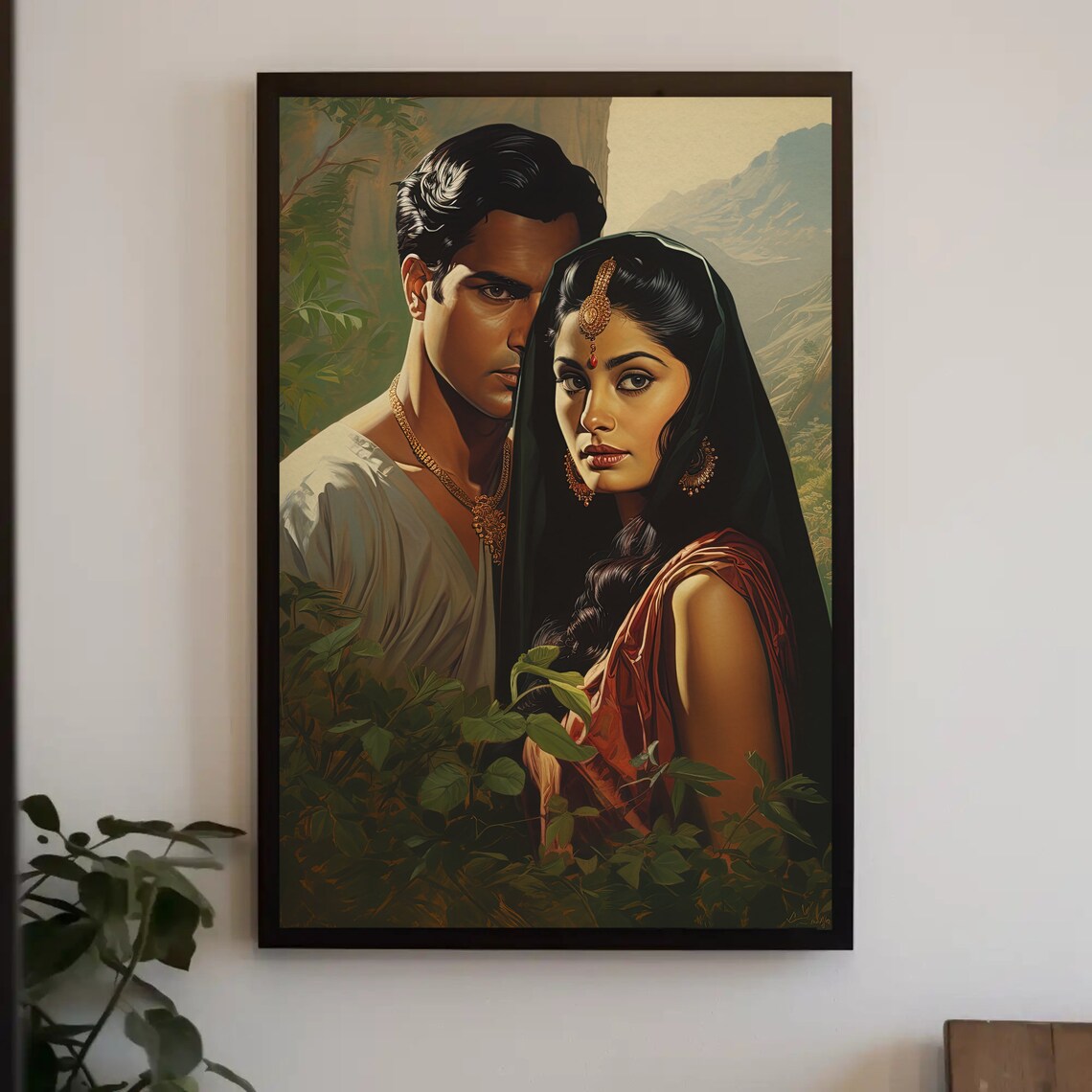 Vintage Style Indian Couple Portrait Amid Jungle Foliage Poster