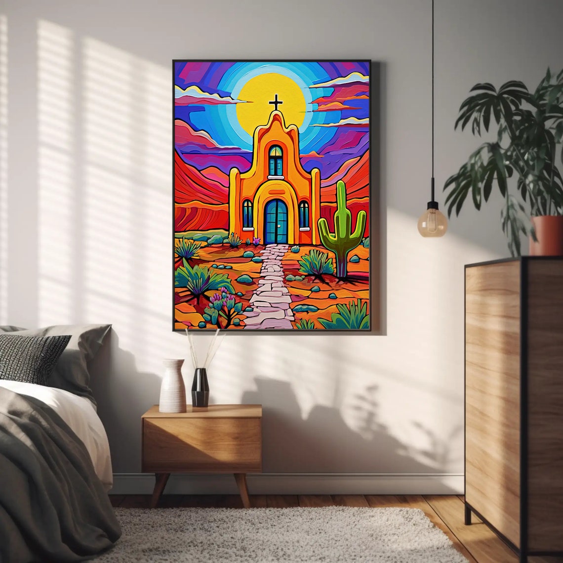 Colorful Desert Church With Cactus Vibrant Mexican Pop Art Poster - Image 4