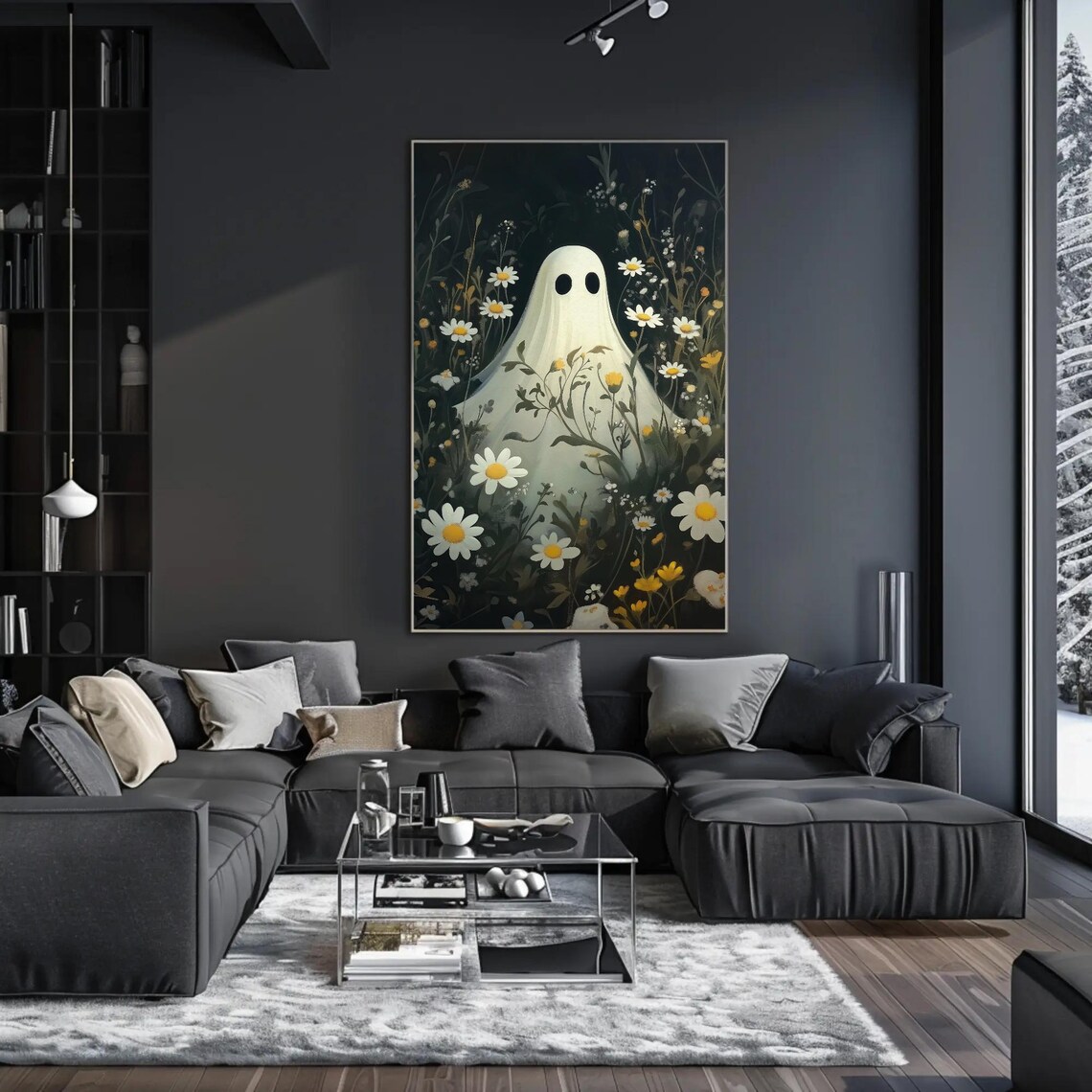 Cute Ghost Daisy Wildflower Field Dark Whimsical Spooky Halloween Poster - Image 2