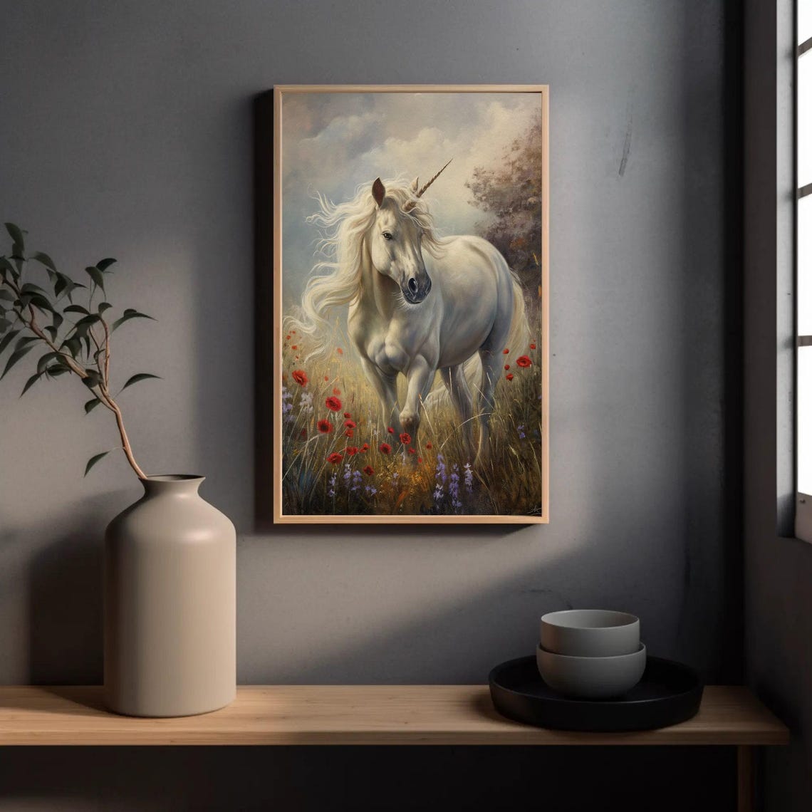 White Unicorn In Field Of Poppies And Violets Oil Painting Magical Unicorn Wall Art Fantasy Art Unicorn Painting Fantasy Painting Gift - Image 5
