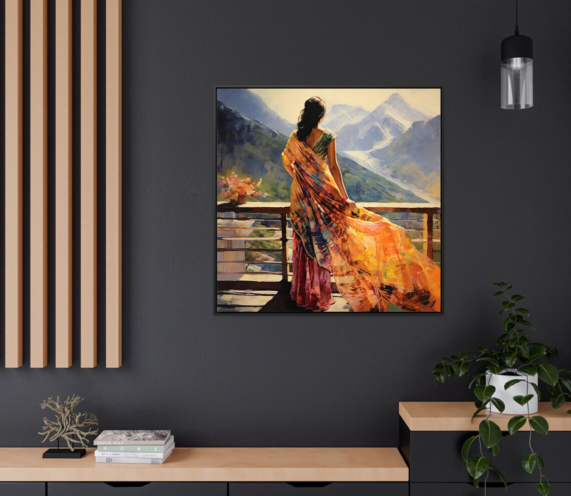Indian Woman Hill Station Scenery Art Print, Oil Painting - Image 2