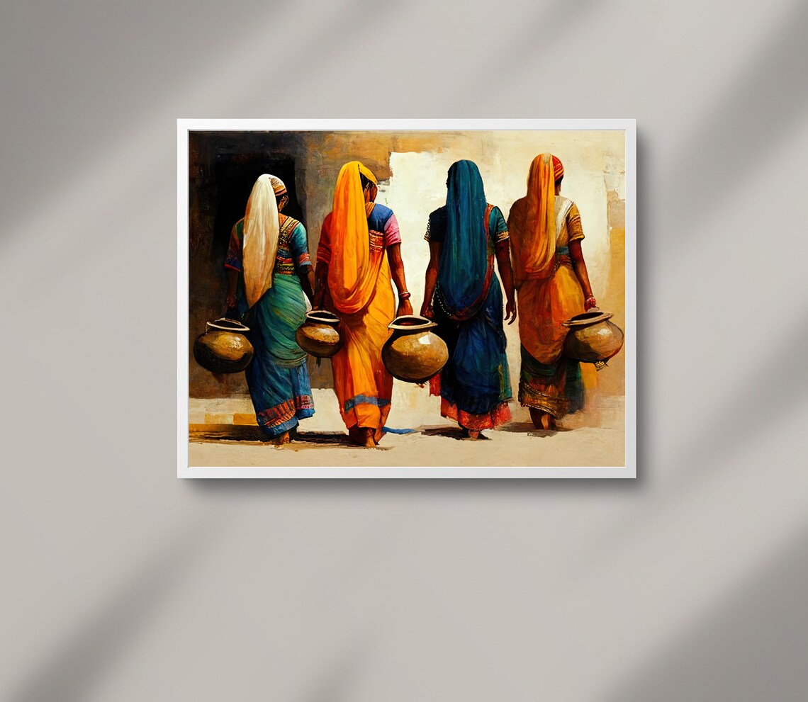 Indian Women Carrying Water Pots Colorful Saris Folk Art Poster - Image 5