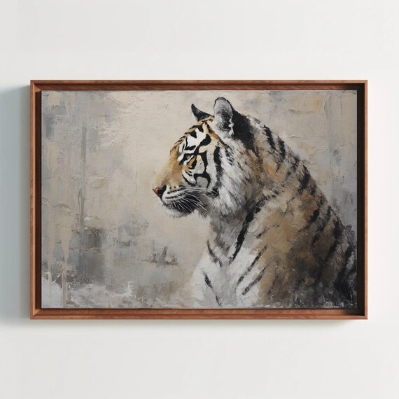 Tiger Profile Portrait in Soft Gray Textured Brushstrokes Poster