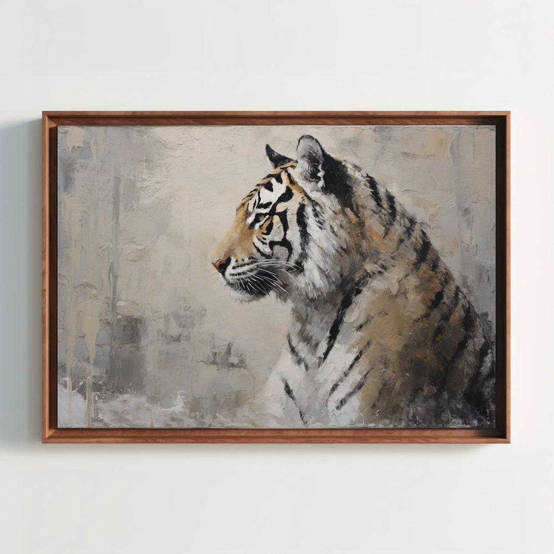Tiger Profile Portrait in Soft Gray Textured Brushstrokes Poster