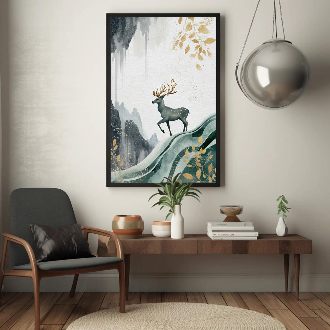 Silver Stag With Golden Antlers Climbing Misty Green Hillside Poster - Image 5