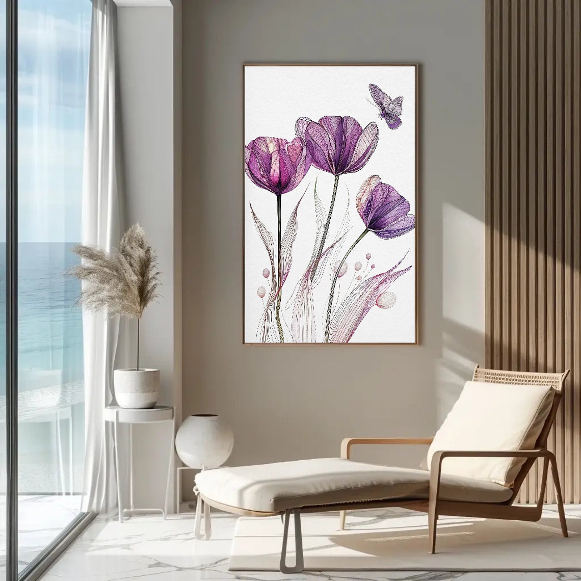 Purple Tulips Line Art With Butterfly Minimalist Floral Poster - Image 2