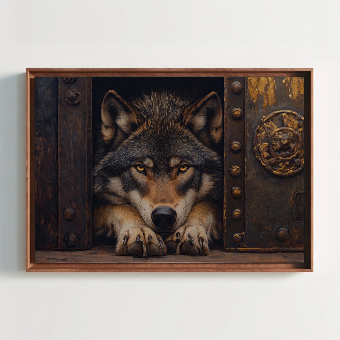 Wolf Peeking Through An Ancient Metal Door Fantasy Art Poster