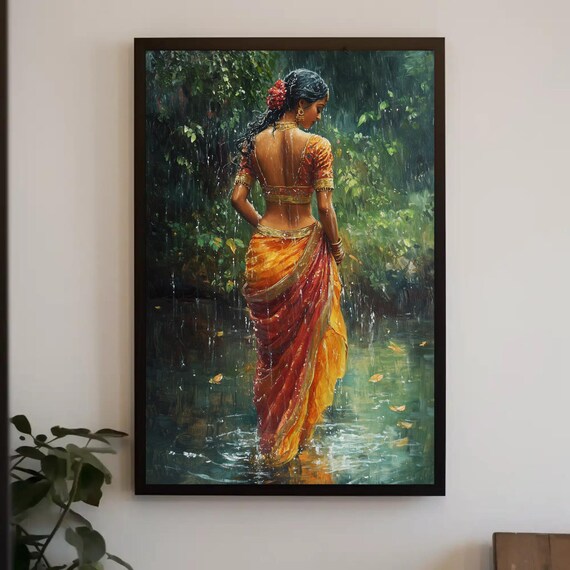 Indian Girl in Rain, Traditional Oil Painting Print