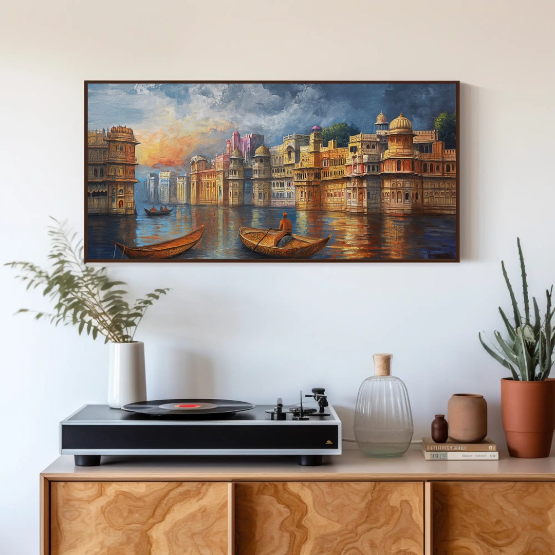 Dusk Boats On Indian River Ghats Riverside Cityscape Painting Poster - Image 3