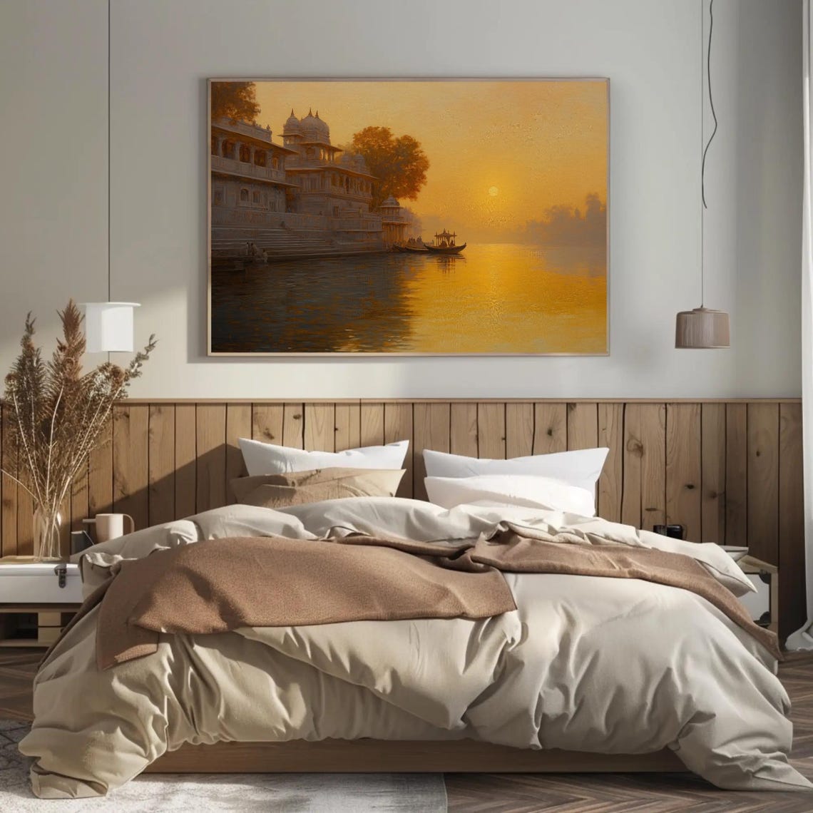 Golden Sunset Over An Indian Riverside Palace With Boats Poster - Image 3
